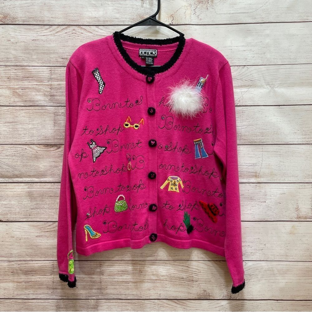 VINTAGE BEREK‎ BORN TO SHOP EMBROIDERED AND EMBELLISHED SWEATER IN PINK